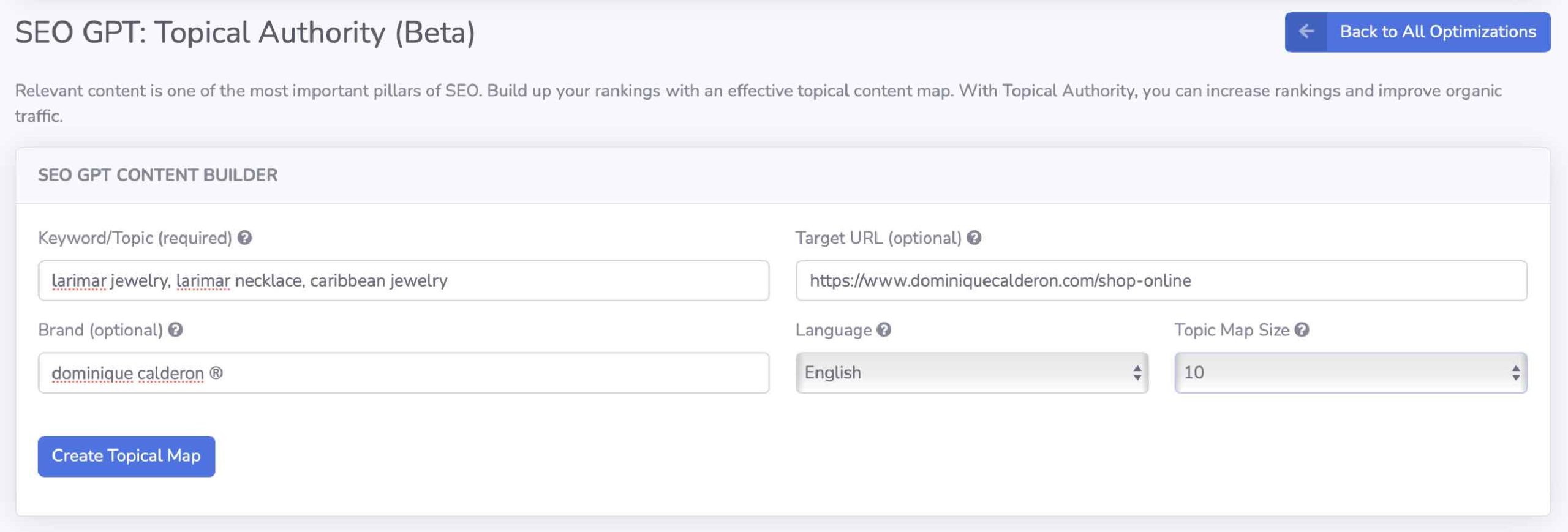 SEO GPT Topical Authority Dashboard