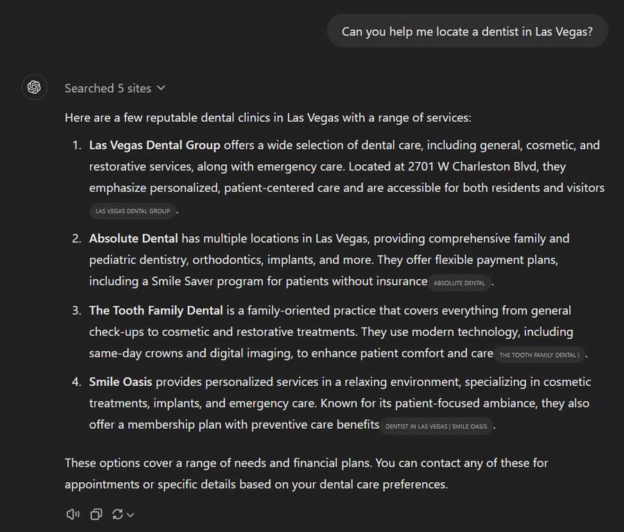 Example of how ChatGPT displays dentist recommendations.