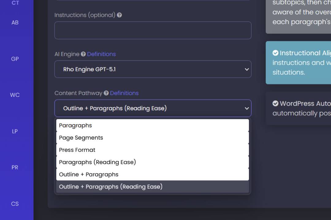 We recommend "Outline + Paragraphs (Reading Ease) for GEO content.