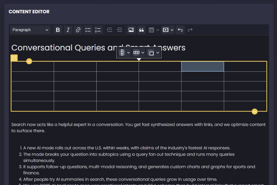 Add a custom table in SEO GPT 2's content editor above the outline format.