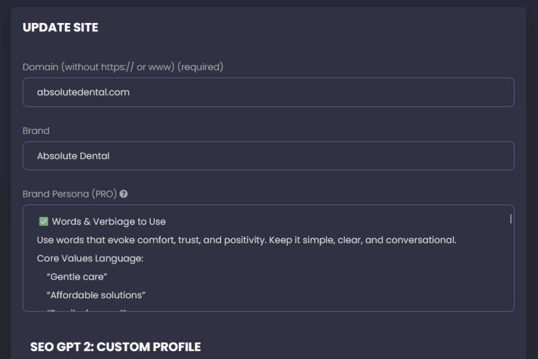 Create a "Site" in SEO Vendor's Platform to add a Brand Persona.