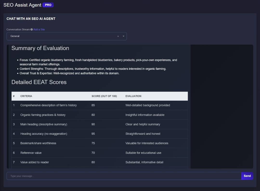 SEO Assist PRO evaluation summary with content strengths and detailed quality-review criteria