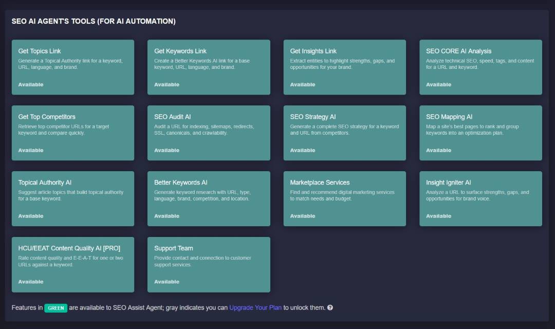 SEO Assist connected-tool directory including research, audits, mapping, strategy, marketplace and support