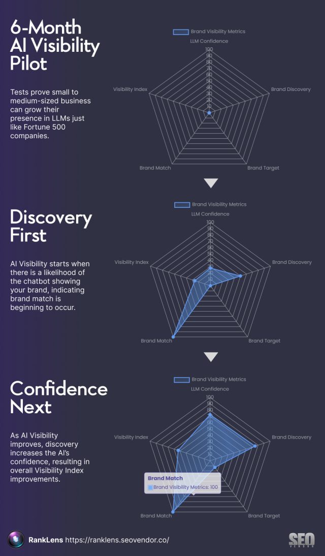 6-Month AI Visibility Pilot radar charts showing progression from Brand Discovery to full 100 Brand Match and Visibility Index