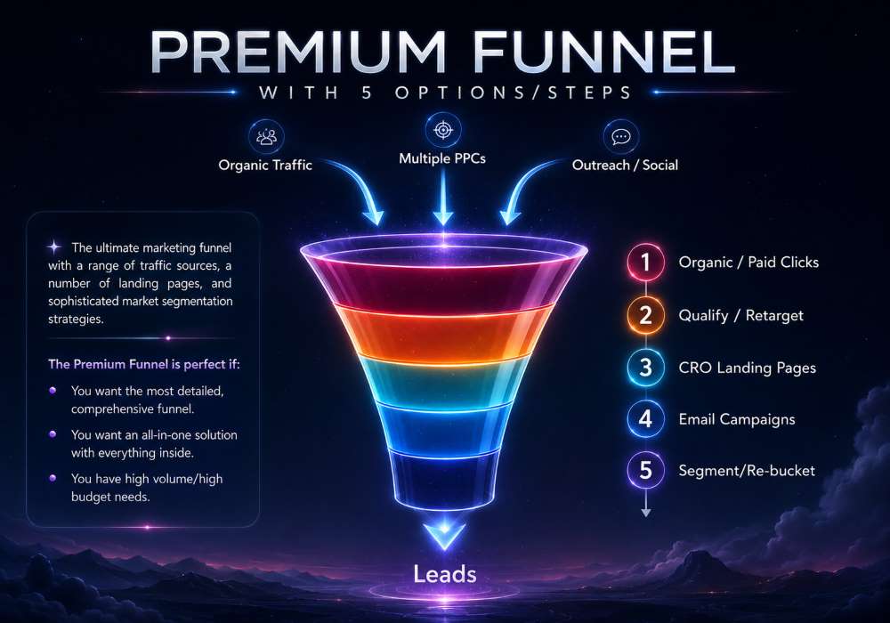 Premium Funnel diagram: acquisition, qualification or retargeting, landing pages, email and audience segmentation or re-bucketing form a five-step journey.