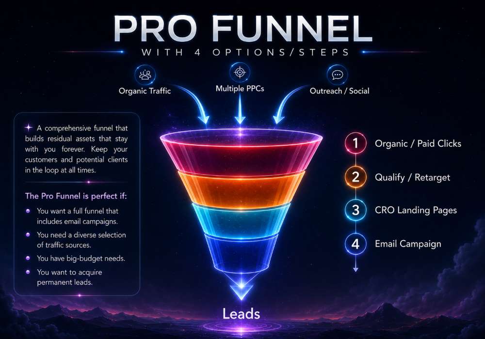 Pro Funnel diagram: traffic, qualification or retargeting, conversion-focused landing pages and an email campaign form a four-step journey.