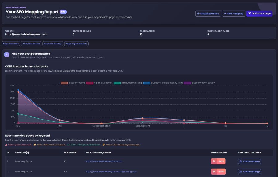 SEO Mapping report overview with keyword groups, page matches, unique target pages, and a CORE AI score comparison chart.