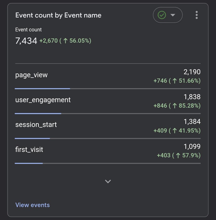 Website event report showing recorded visitor activity